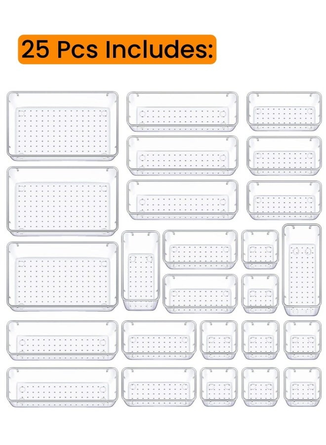 nihao 25 PCS Drawer Organizer Set,Storage Sets,Refrigerator Organizers，Utensil Tray for Kitchen, BPA Free Flatware and Cutlery Holder, Adjustable Plastic Storage , Large, Clear - Image 1