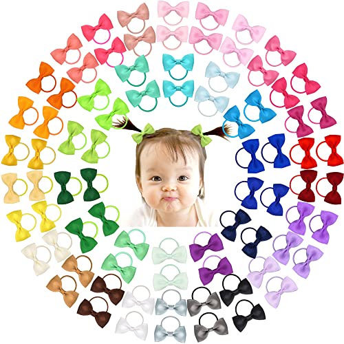 CÉLLOT 80PCS 2 Inches Baby Bows Hair Ties Mini Boutique Hair Bows Durable Elastic Rubber Ribbon Hair Band Accessories for Toddlers Infants Kids Under 2 Years Old - Image 1