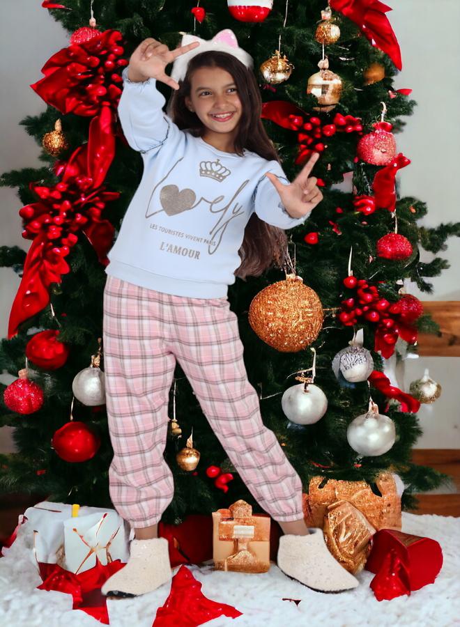 Girls' 6-Year-Old Sleepwear Set, Melton Cotton Top with Karo Pants, 2024 Season in High-Quality Soft Fabrics and Vibrant Colors for Comfort and Style