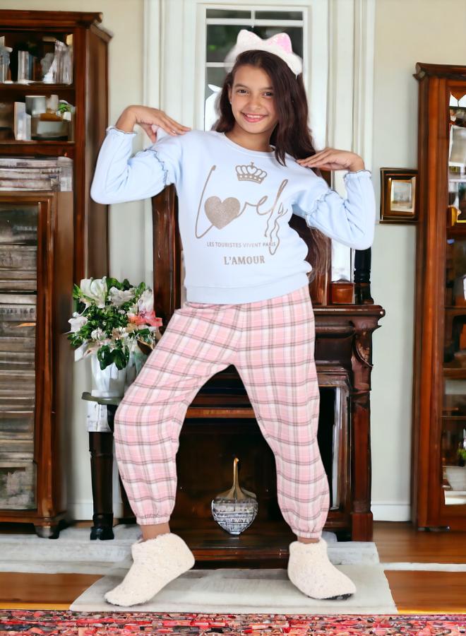 Girls' 6-Year-Old Sleepwear Set, Melton Cotton Top with Karo Pants, 2024 Season in High-Quality Soft Fabrics and Vibrant Colors for Comfort and Style