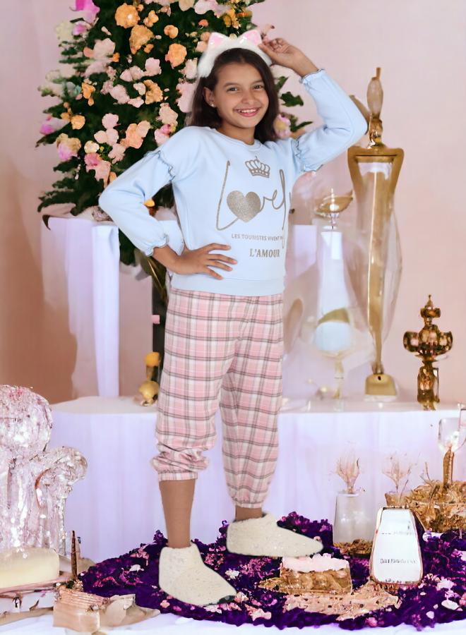 Girls' 6-Year-Old Sleepwear Set, Melton Cotton Top with Karo Pants, 2024 Season in High-Quality Soft Fabrics and Vibrant Colors for Comfort and Style