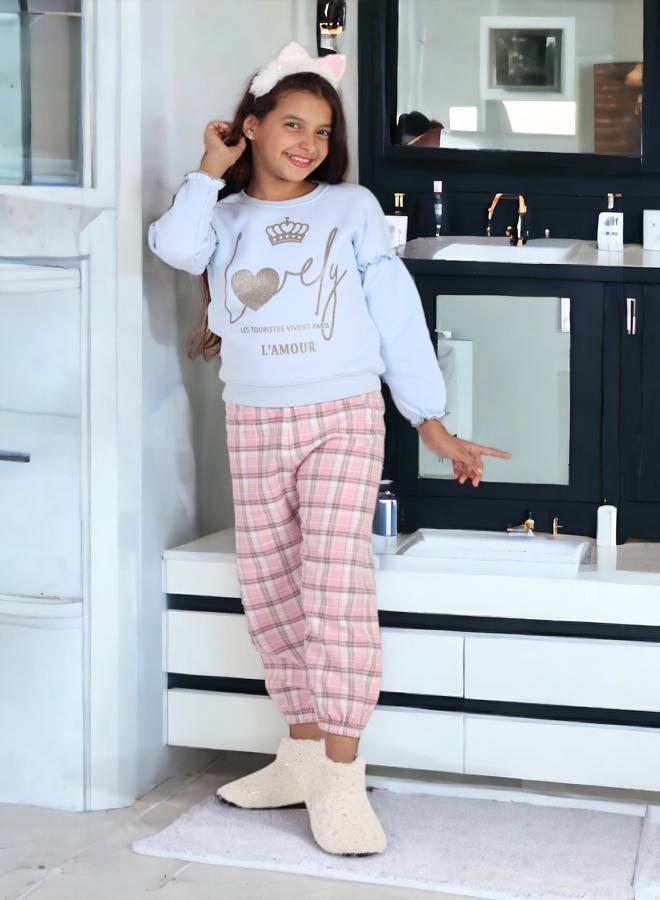 Girls' 6-Year-Old Sleepwear Set, Melton Cotton Top with Karo Pants, 2024 Season in High-Quality Soft Fabrics and Vibrant Colors for Comfort and Style