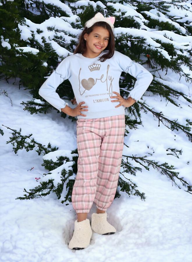 Girls' 6-Year-Old Sleepwear Set, Melton Cotton Top with Karo Pants, 2024 Season in High-Quality Soft Fabrics and Vibrant Colors for Comfort and Style
