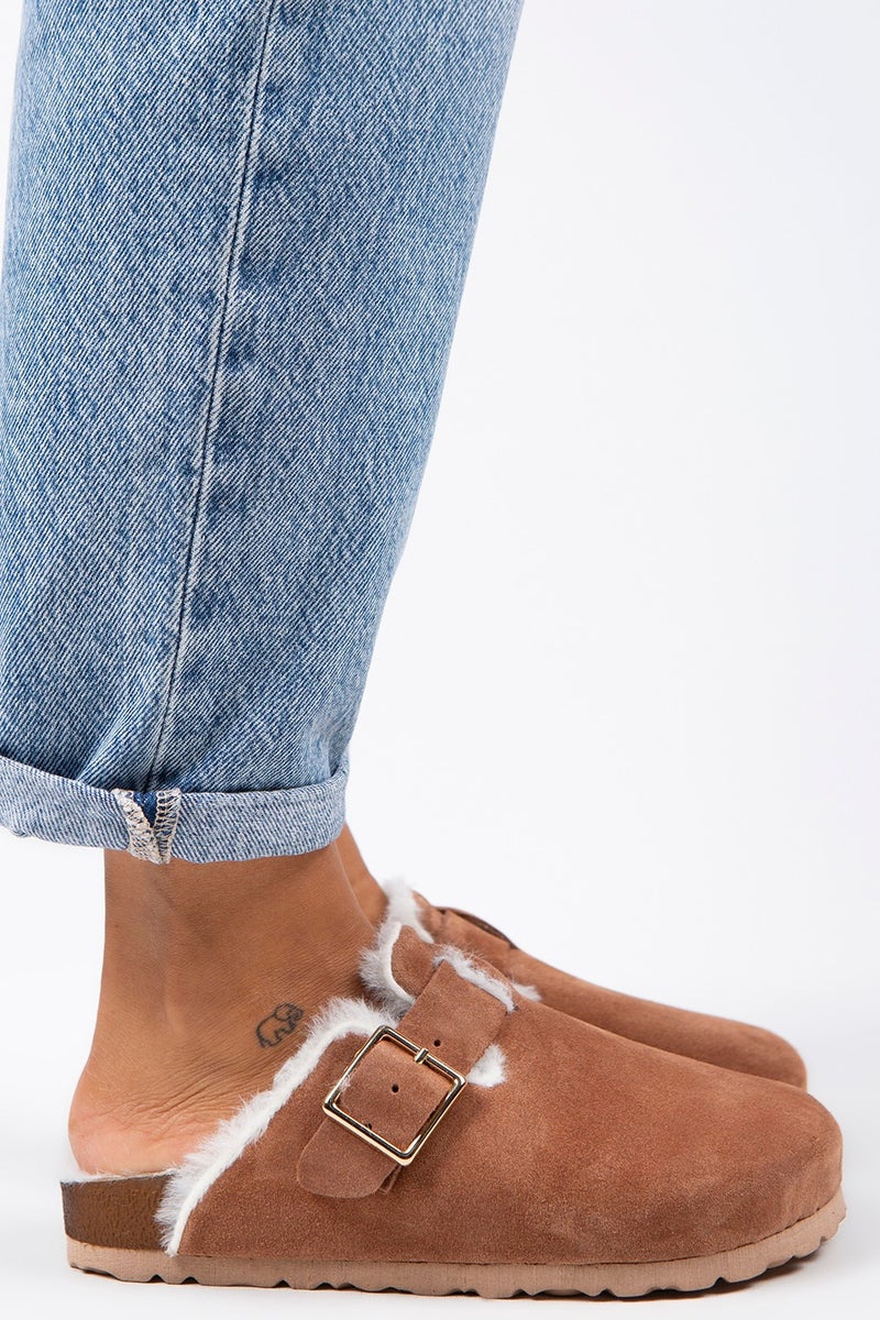 Manijero Manjero Zeta Shearling Women's Leather Buckle Belted Furry Tile Suede Slippers  - Image 1