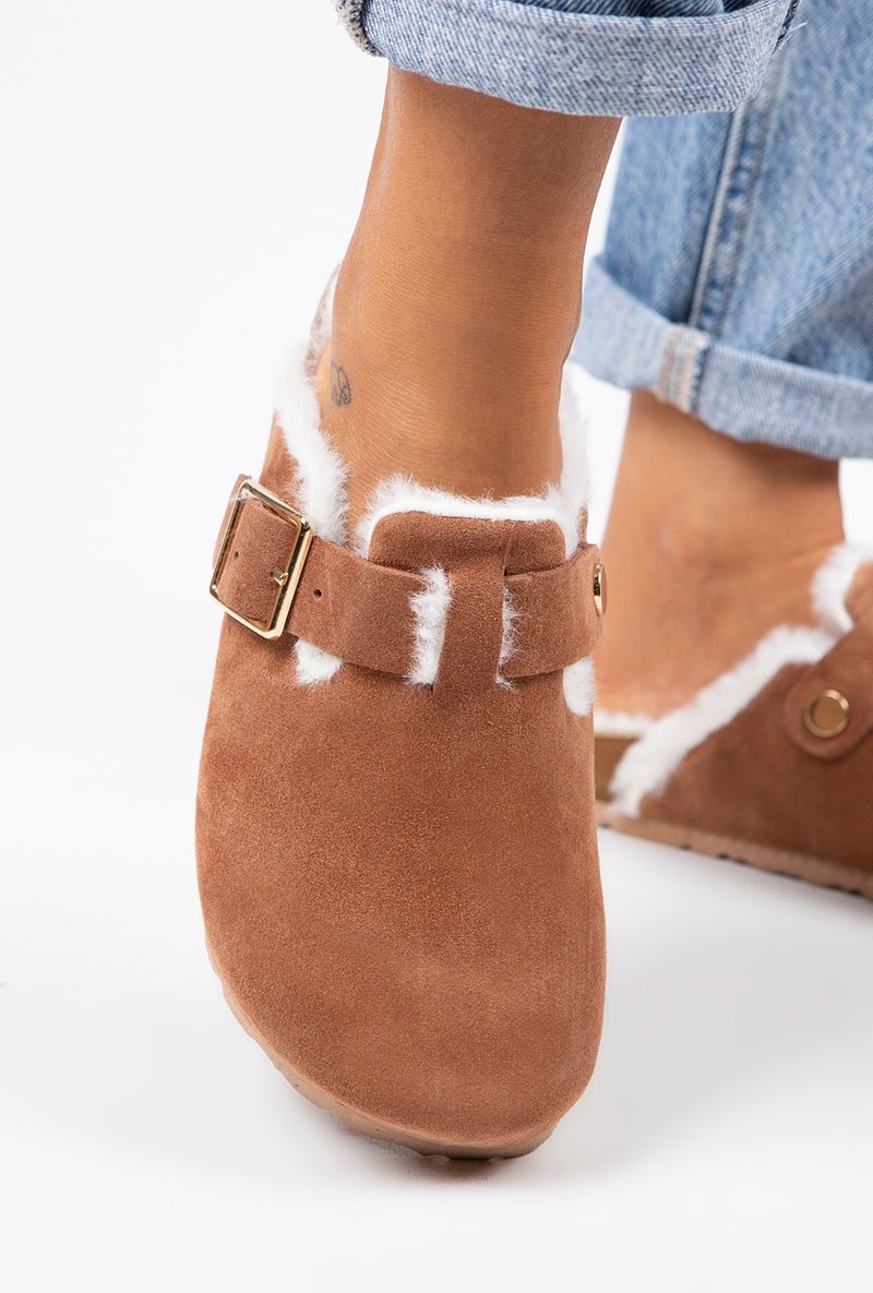 Manijero Manjero Zeta Shearling Women's Leather Buckle Belted Furry Tile Suede Slippers  - Image 5