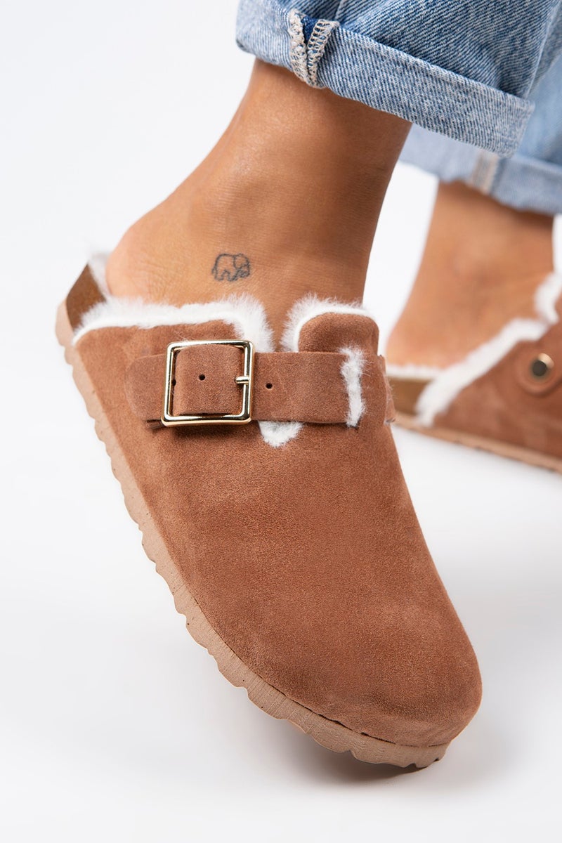 Manijero Manjero Zeta Shearling Women's Leather Buckle Belted Furry Tile Suede Slippers  - Image 4