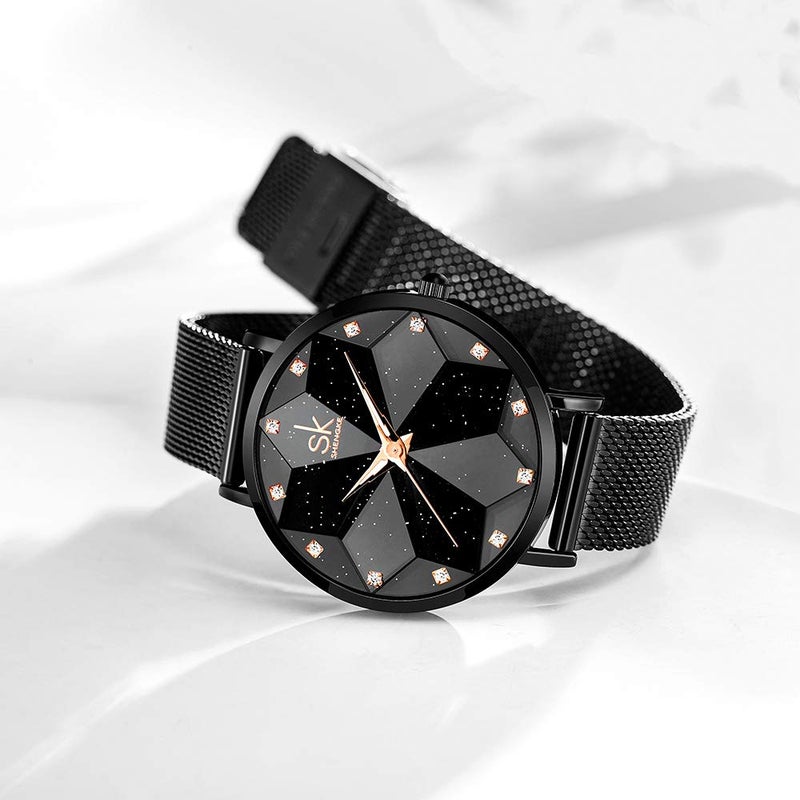 SHENGKE SK Creative Design Starry Star Women Watch with Genuine Leather Stainless Steel Mesh Band (Starry-MESH Band-Black) - Image 3