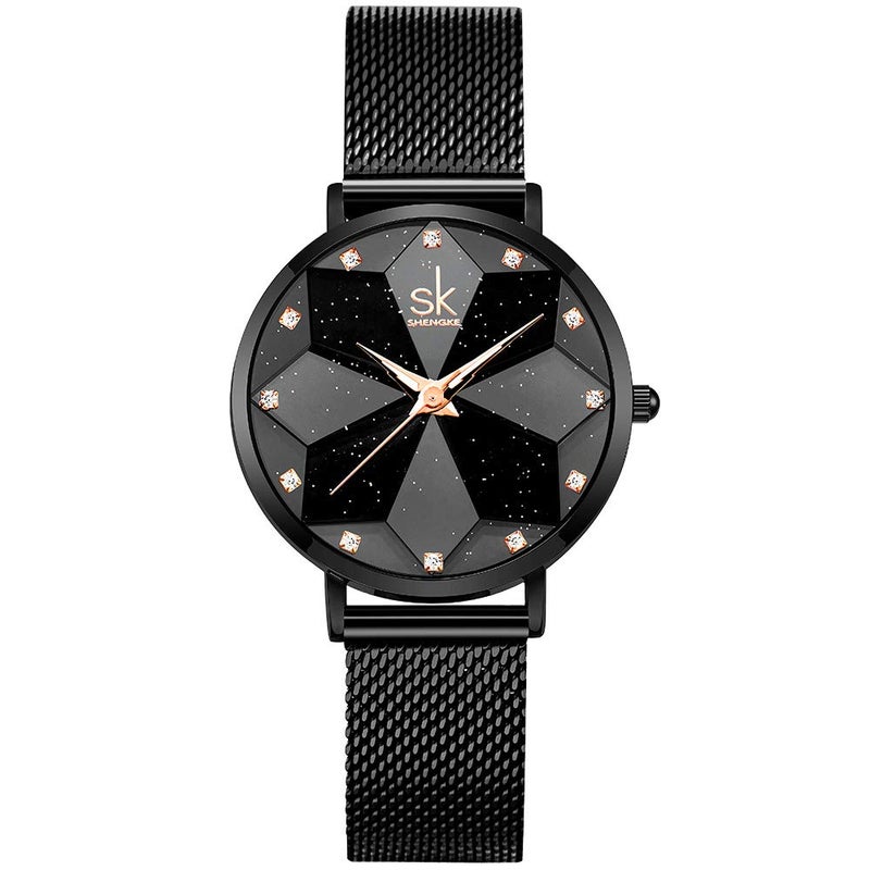SHENGKE SK Creative Design Starry Star Women Watch with Genuine Leather Stainless Steel Mesh Band (Starry-MESH Band-Black) - Image 1