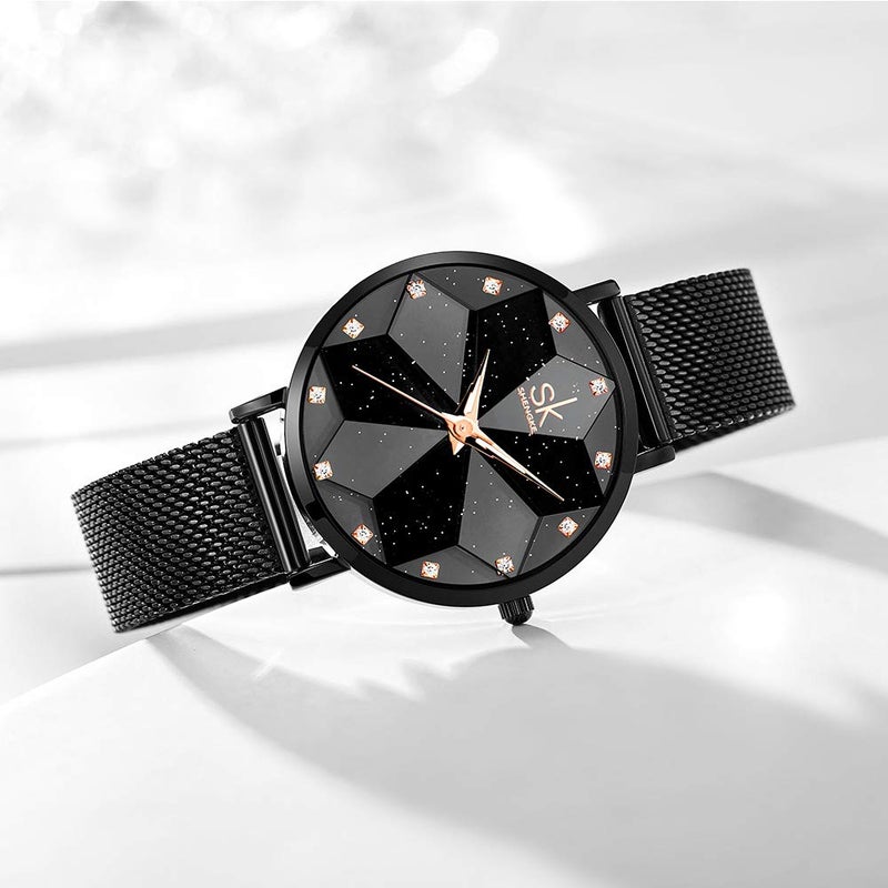 SHENGKE SK Creative Design Starry Star Women Watch with Genuine Leather Stainless Steel Mesh Band (Starry-MESH Band-Black) - Image 4