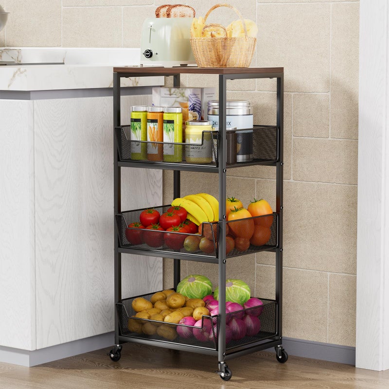 HapiRm Fruit Basket Kitchen Cart  4Tier Rolling Storage Cart with Wheels Fruit Vegetable Basket with Wood Top Pantry Utility Kitchen Organizer for Fruit Potato Onion Vegetable Bread Snack
