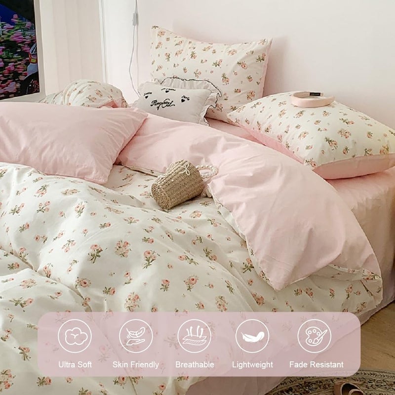 Erwinmu Floral Duvet Cover Set Queen Size,Pink Floral Flowers Bedding Duvet Cover Queen with Zipper Closure,Reversible Comforter Duvet Cover and 2 Pillowcases - Image 4