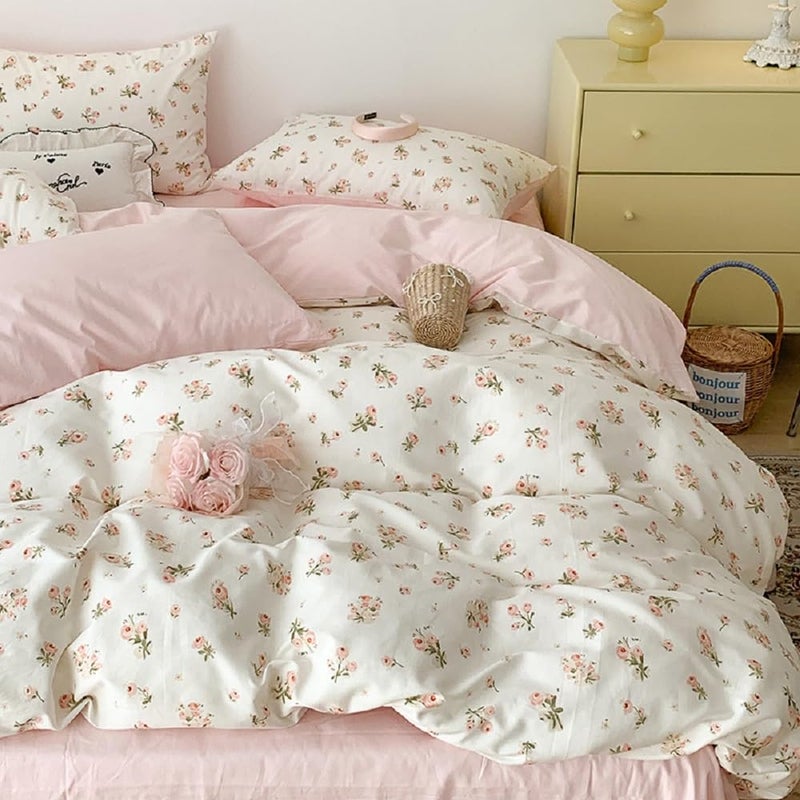 Erwinmu Floral Duvet Cover Set Queen Size,Pink Floral Flowers Bedding Duvet Cover Queen with Zipper Closure,Reversible Comforter Duvet Cover and 2 Pillowcases - Image 1