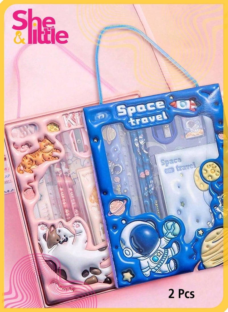 شي آند ليتل طقم هدايا قرطاسية للعودة إلى المدرسة مكون من قطعتين، لوازم مدرسية بطابع قطة وفضاء للبنات والأولاد مع قلم رصاص وممحاة ومسطرة ومبراة ودفتر ملاحظات، طقم لطيف للمكتب والفصل الدراسي - Image 1