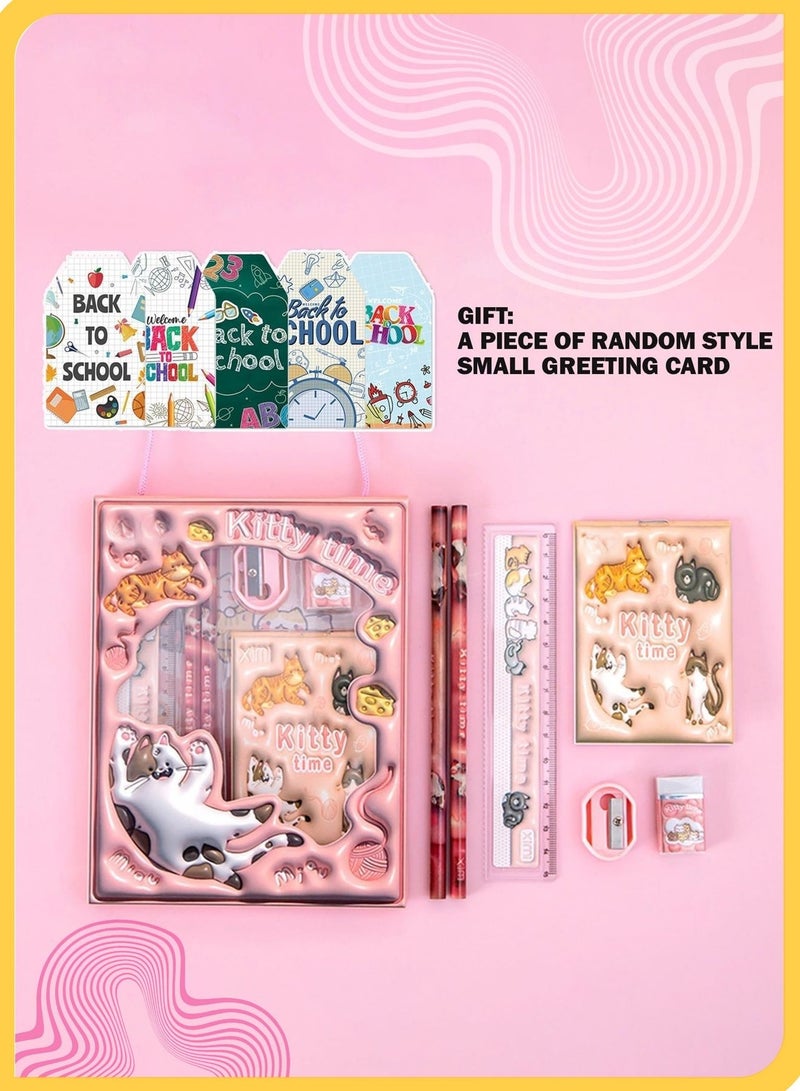 شي آند ليتل طقم هدايا قرطاسية للعودة إلى المدرسة مكون من قطعتين، لوازم مدرسية بطابع قطة وفضاء للبنات والأولاد مع قلم رصاص وممحاة ومسطرة ومبراة ودفتر ملاحظات، طقم لطيف للمكتب والفصل الدراسي - Image 5