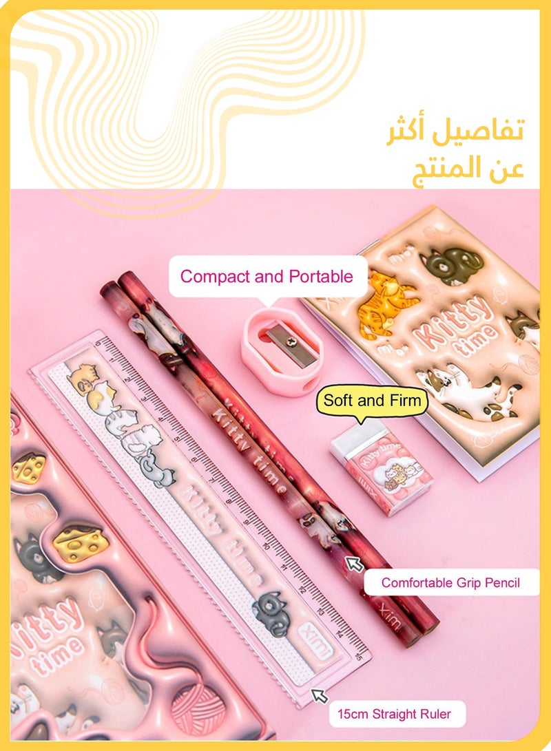 شي آند ليتل طقم هدايا قرطاسية للعودة إلى المدرسة مكون من قطعتين، لوازم مدرسية بطابع قطة وفضاء للبنات والأولاد مع قلم رصاص وممحاة ومسطرة ومبراة ودفتر ملاحظات، طقم لطيف للمكتب والفصل الدراسي - Image 4