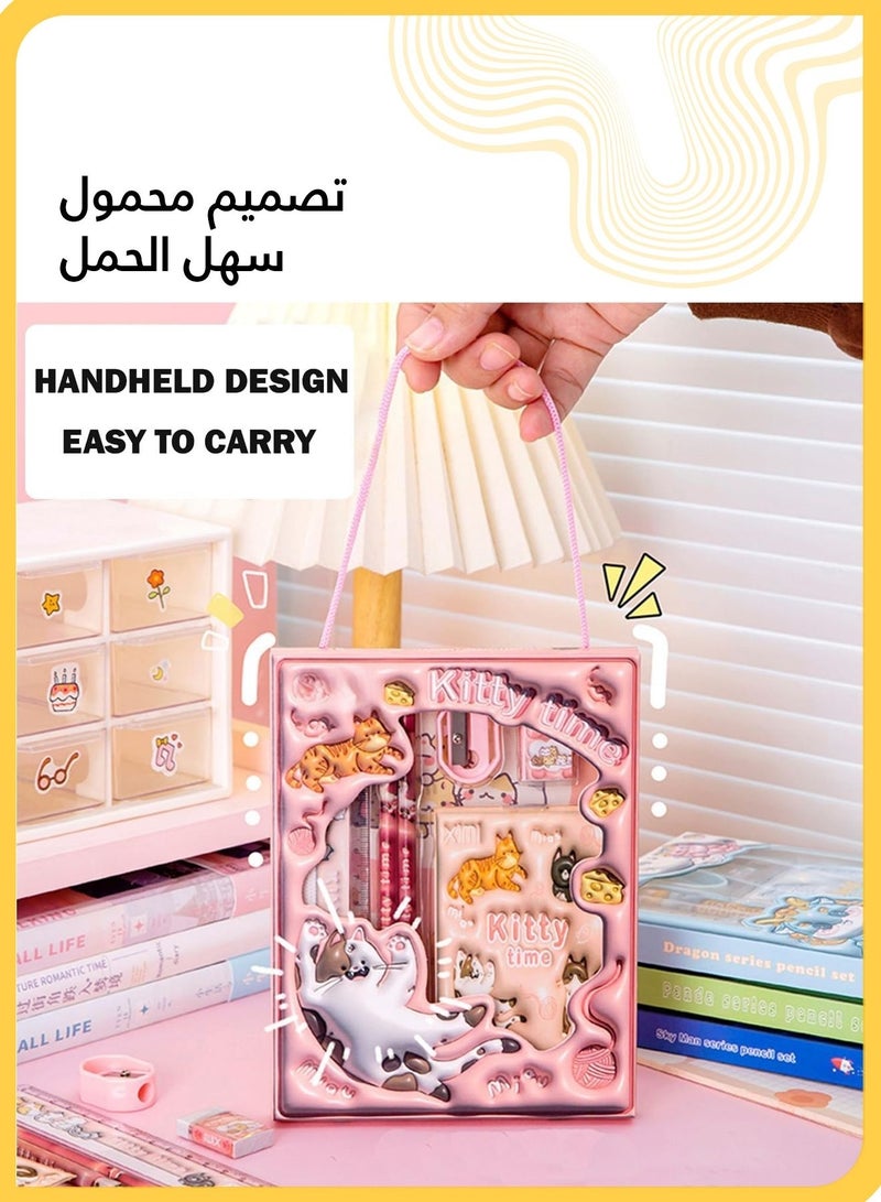 شي آند ليتل طقم هدايا قرطاسية للعودة إلى المدرسة مكون من قطعتين، لوازم مدرسية بطابع قطة وفضاء للبنات والأولاد مع قلم رصاص وممحاة ومسطرة ومبراة ودفتر ملاحظات، طقم لطيف للمكتب والفصل الدراسي - Image 3