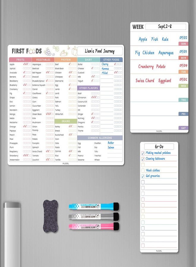 ALEZEL Baby First Food Tracker Fridge Magnet, Dry Erase Baby Food Chart/Checklist Set - Daily Log Meal Planner for Refrigerator, 3 Markers + Eraser - Image 1