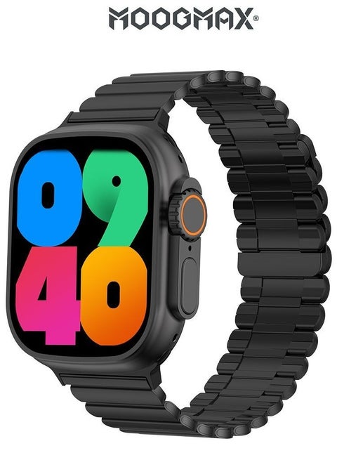 MoogMax (2nd Gen) ultra watch. IPX6 Water-resistant watch ultra. Smart touch watch with gesture-based call answering & answering from the watch using the built-in mic. smart watch ultra with a watch mobile app. Smart sports watch with all fitness measurements. smartwatch with wireless charging. Black