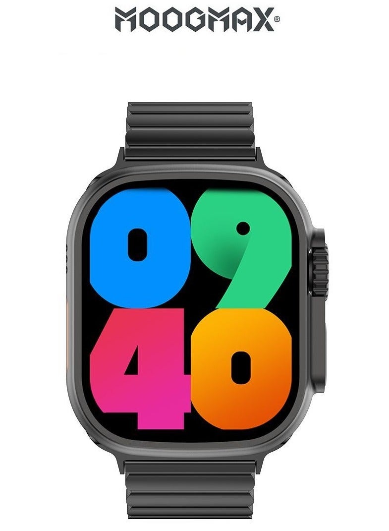 MoogMax (2nd Gen) ultra watch. IPX6 Water-resistant watch ultra. Smart touch watch with gesture-based call answering & answering from the watch using the built-in mic. smart watch ultra with a watch mobile app. Smart sports watch with all fitness measurements. smartwatch with wireless charging. Black