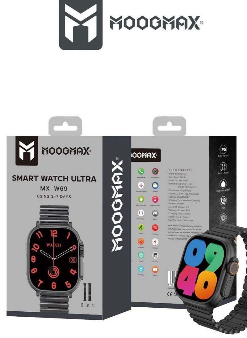 MoogMax (2nd Gen) ultra watch. IPX6 Water-resistant watch ultra. Smart touch watch with gesture-based call answering & answering from the watch using the built-in mic. smart watch ultra with a watch mobile app. Smart sports watch with all fitness measurements. smartwatch with wireless charging. Black