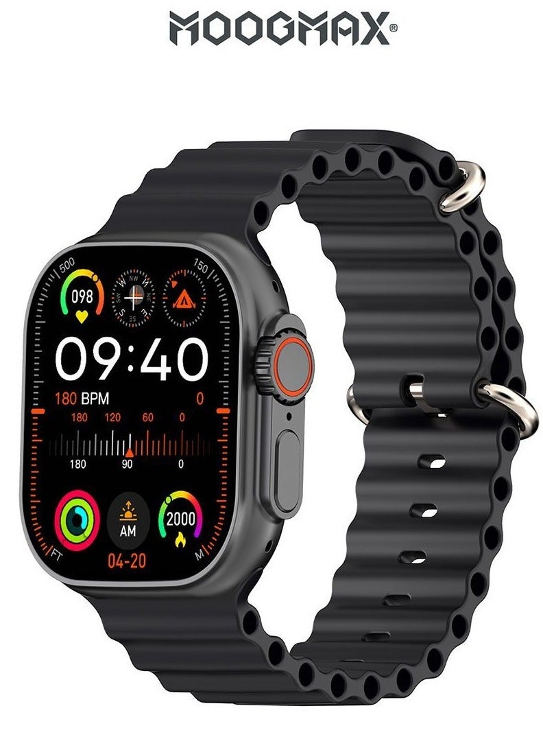 MoogMax (2nd Gen) ultra watch. IPX6 Water-resistant watch ultra. Smart touch watch with gesture-based call answering & answering from the watch using the built-in mic. smart watch ultra with a watch mobile app. Smart sports watch with all fitness measurements. smartwatch with wireless charging. Black