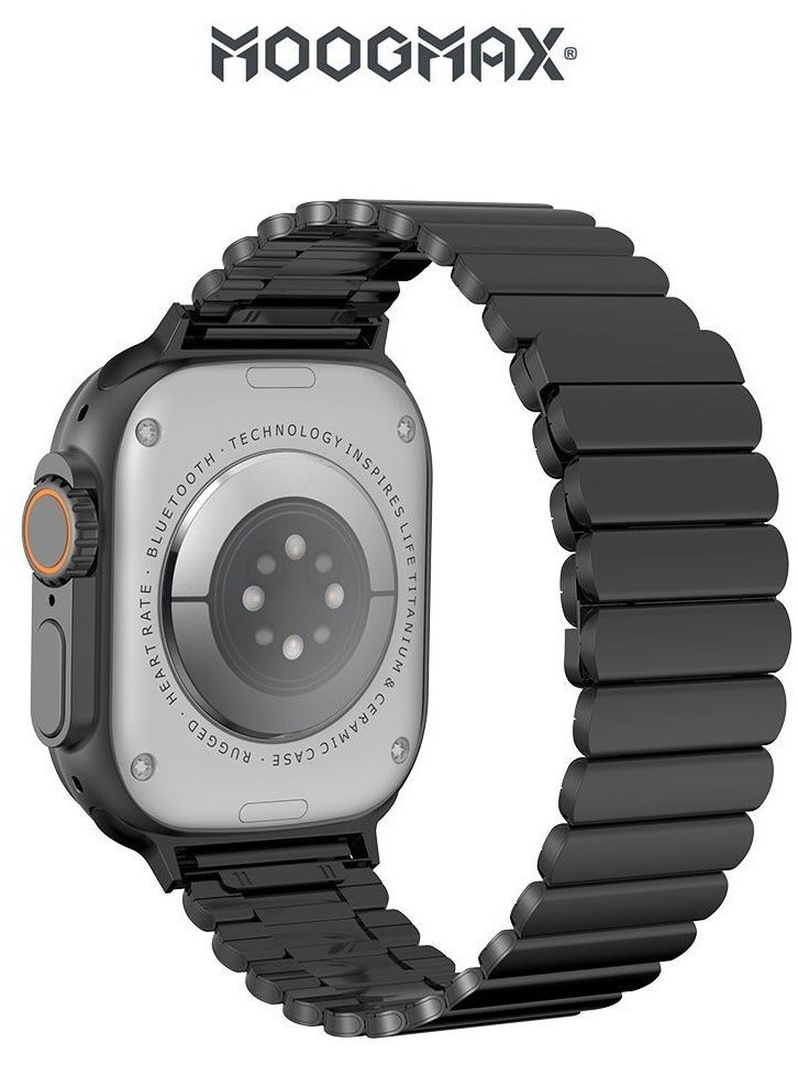 MoogMax (2nd Gen) ultra watch. IPX6 Water-resistant watch ultra. Smart touch watch with gesture-based call answering & answering from the watch using the built-in mic. smart watch ultra with a watch mobile app. Smart sports watch with all fitness measurements. smartwatch with wireless charging. Black