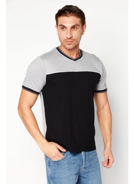 Men V-Neck Plain Short Sleeves T-shirt, Black Combo