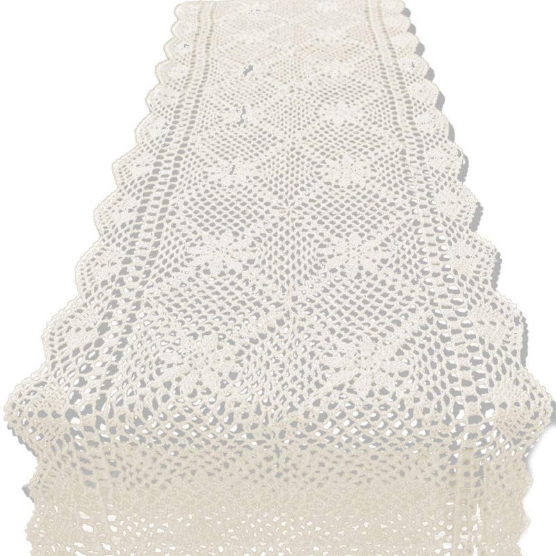 KEPSWET 14x48 inch Beige Cotton Crochet Lace Rectangular Table Runner Handmade Table Decoration