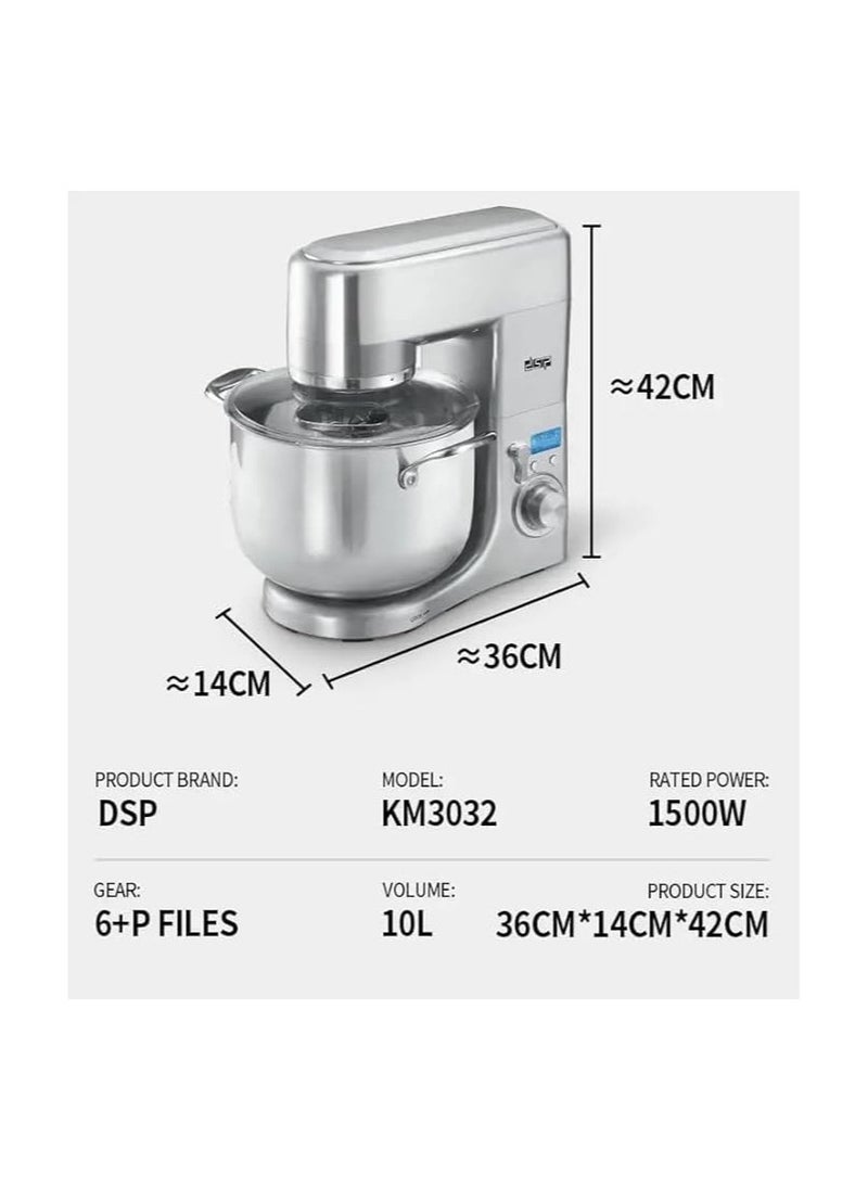 دي اس بي خلاط DSP KM3032 بقوة 1500 وات وسعة 10 لتر من الفولاذ المقاوم للصدأ باللون الفضي  - Image 4