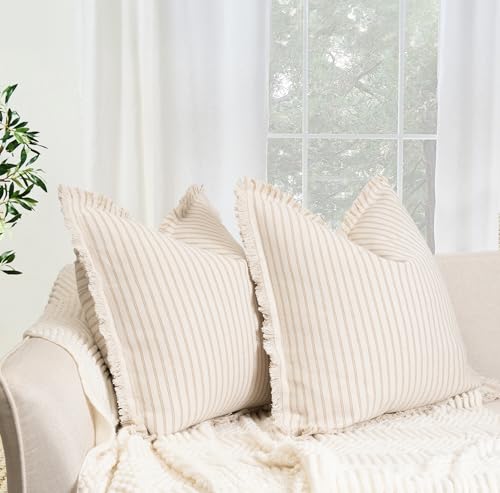 ZWJD Throw Pillow Covers 18x18 Set of 2 Striped Pillow Covers with Fringe Chic Cotton Decorative Pillows Square Cushion Covers for Sofa Couch Bed Living Room Farmhouse Decor - Image 2