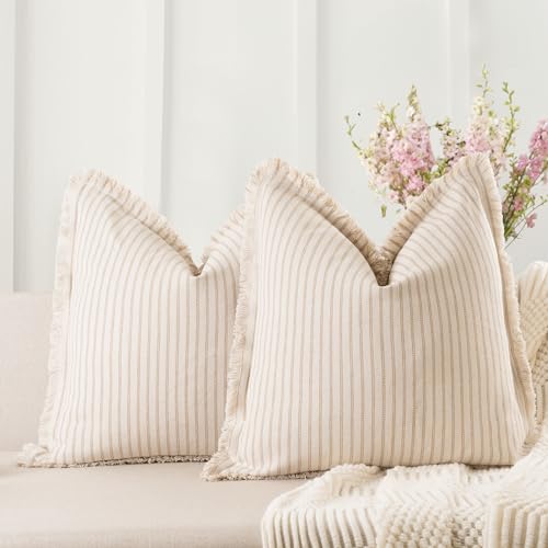 ZWJD Throw Pillow Covers 18x18 Set of 2 Striped Pillow Covers with Fringe Chic Cotton Decorative Pillows Square Cushion Covers for Sofa Couch Bed Living Room Farmhouse Decor - Image 1