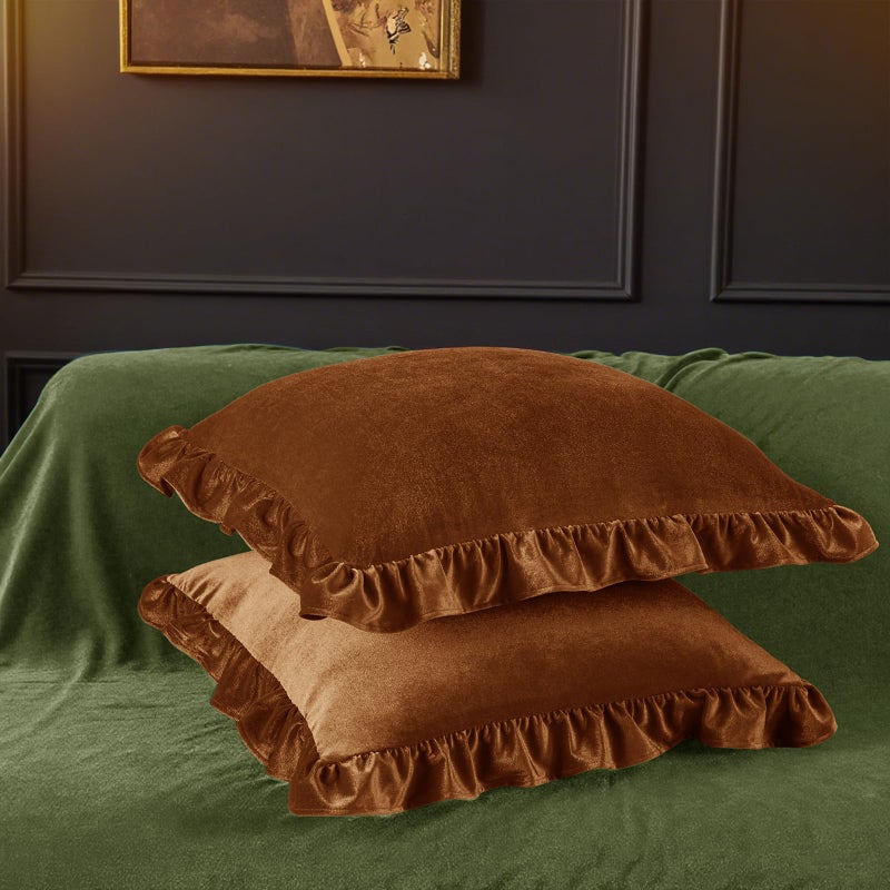 Cobedzy Velvet Throw Pillow Covers Set of 2, Soft Decorative Ruffle Cushion Cases for Couch Sofa Bedroom, 18 x 18 Inches, Camel - Image 4