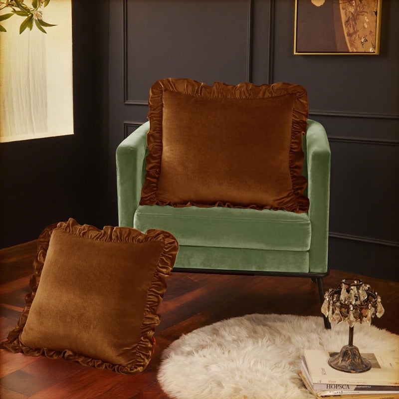 Cobedzy Velvet Throw Pillow Covers Set of 2, Soft Decorative Ruffle Cushion Cases for Couch Sofa Bedroom, 18 x 18 Inches, Camel - Image 3