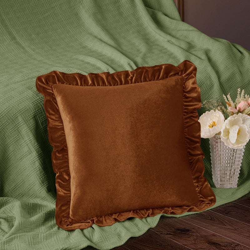 Cobedzy Velvet Throw Pillow Covers Set of 2, Soft Decorative Ruffle Cushion Cases for Couch Sofa Bedroom, 18 x 18 Inches, Camel - Image 2