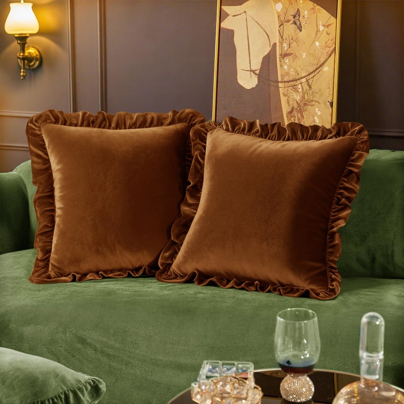 Cobedzy Velvet Throw Pillow Covers Set of 2, Soft Decorative Ruffle Cushion Cases for Couch Sofa Bedroom, 18 x 18 Inches, Camel - Image 1