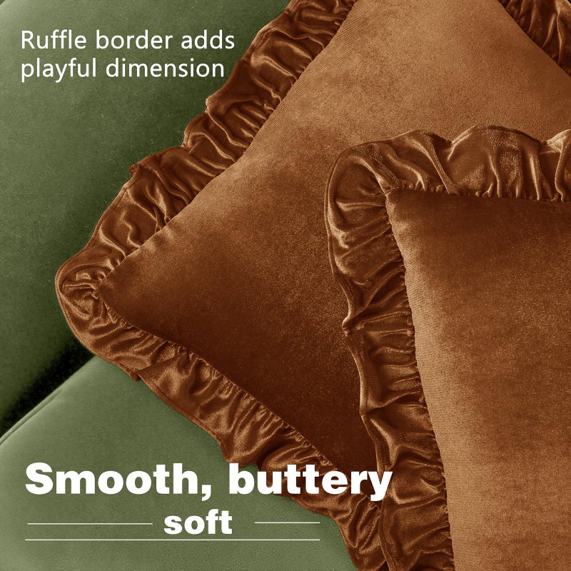 Cobedzy Velvet Throw Pillow Covers Set of 2, Soft Decorative Ruffle Cushion Cases for Couch Sofa Bedroom, 18 x 18 Inches, Camel - Image 5