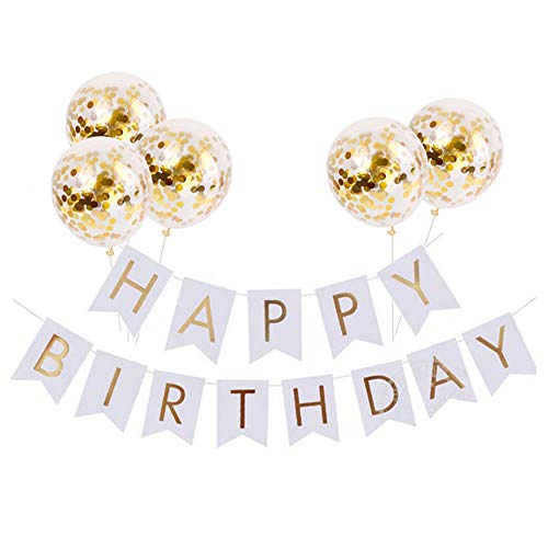 Tellpet White HAPPY BIRTHDAY Banner with 5 pcs Gold Confetti Balloons - Image 1