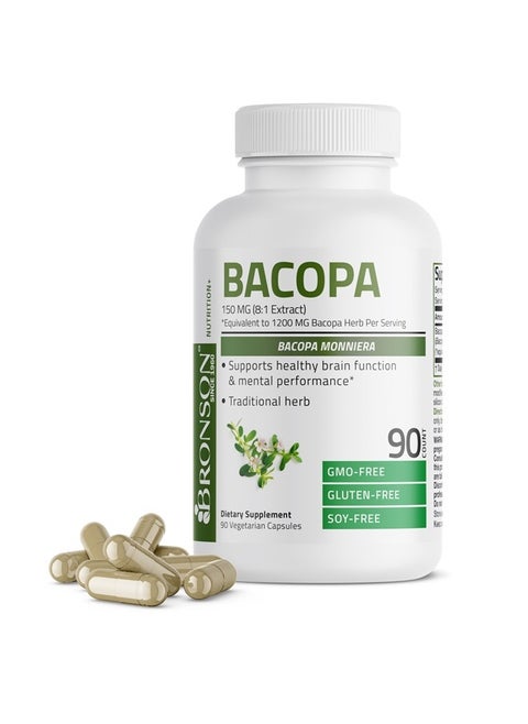 Bacopa (1200mg Equivalent from 8:1 Extract) Supports Healthy Brain Function and Mental Performance, Traditional Herb, Non-GMO, 90 Vegetarian Capsules