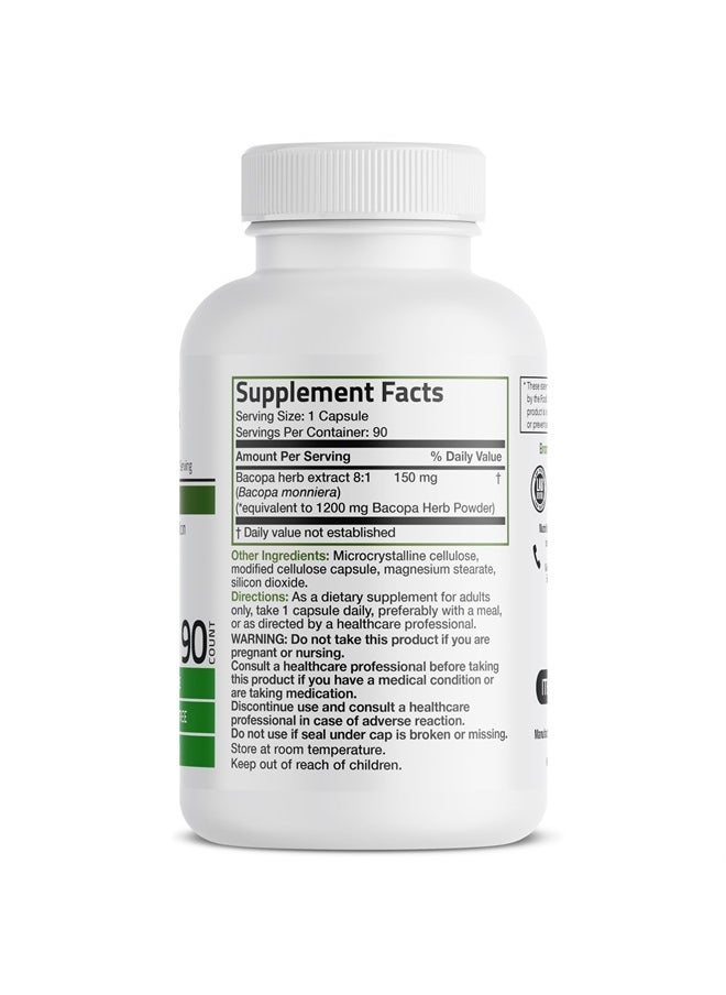 Bronson - Bacopa (1200mg Equivalent from 8:1 Extract) Supports Healthy Brain Function and Mental Performance, Traditional Herb, Non-GMO, 90 Vegetarian Capsules - Image 1