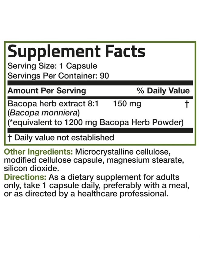 Bronson - Bacopa (1200mg Equivalent from 8:1 Extract) Supports Healthy Brain Function and Mental Performance, Traditional Herb, Non-GMO, 90 Vegetarian Capsules - Image 1