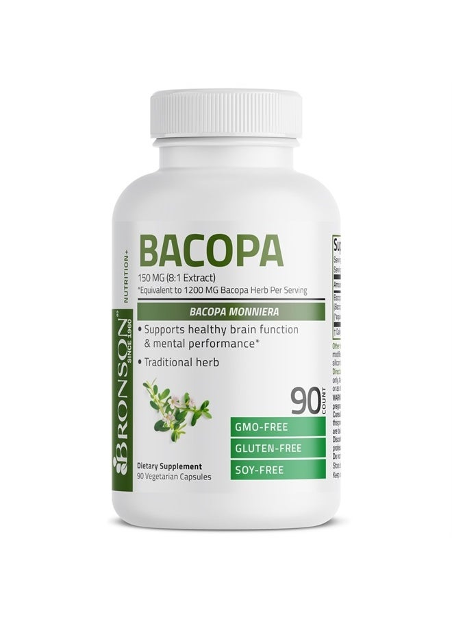 Bronson - Bacopa (1200mg Equivalent from 8:1 Extract) Supports Healthy Brain Function and Mental Performance, Traditional Herb, Non-GMO, 90 Vegetarian Capsules - Image 1