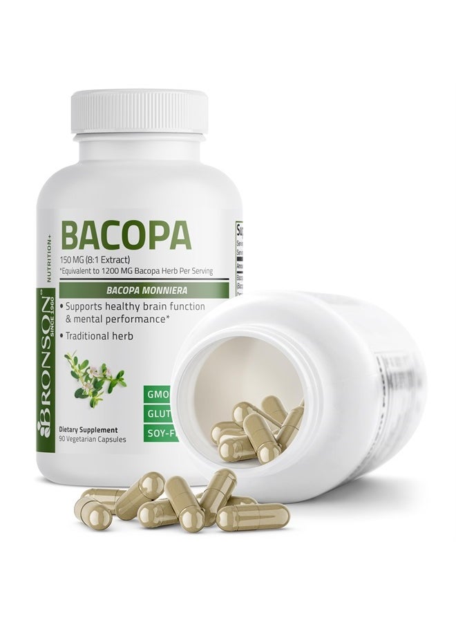 Bronson - Bacopa (1200mg Equivalent from 8:1 Extract) Supports Healthy Brain Function and Mental Performance, Traditional Herb, Non-GMO, 90 Vegetarian Capsules - Image 1