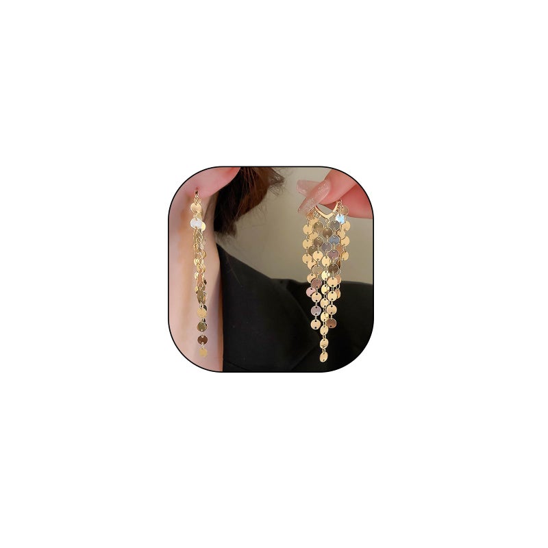 FUTIMELY Long Sequin Tassel Statement Dangle Earrings for Women Boho Multilayer Gold Chandelier Hoop Earrings Shiny Multiple Sequin Drop Earrings Jewelry Gift (Gold) - Image 1