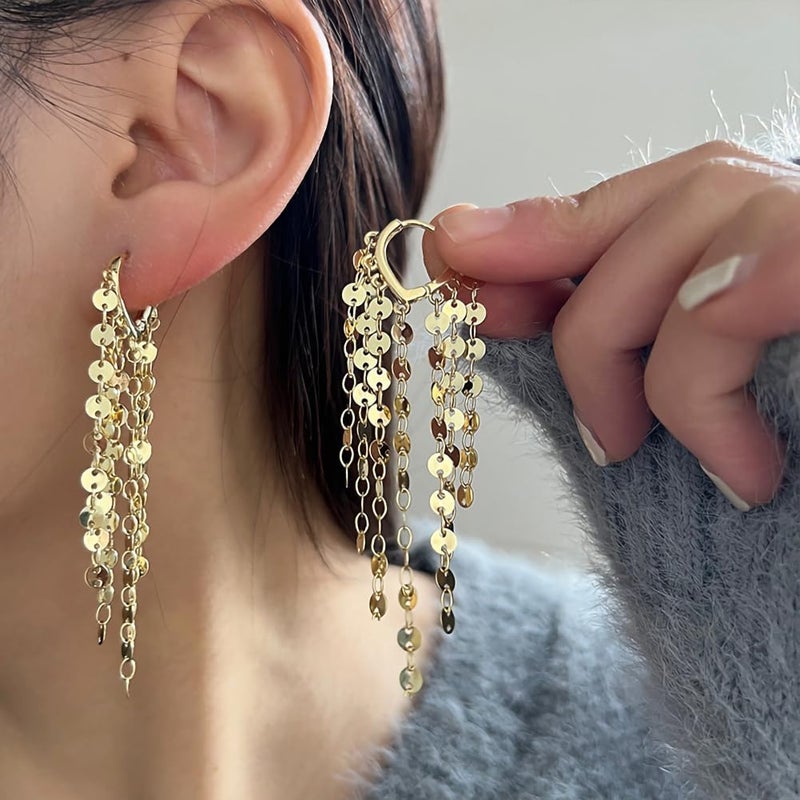 FUTIMELY Long Sequin Tassel Statement Dangle Earrings for Women Boho Multilayer Gold Chandelier Hoop Earrings Shiny Multiple Sequin Drop Earrings Jewelry Gift (Gold) - Image 4