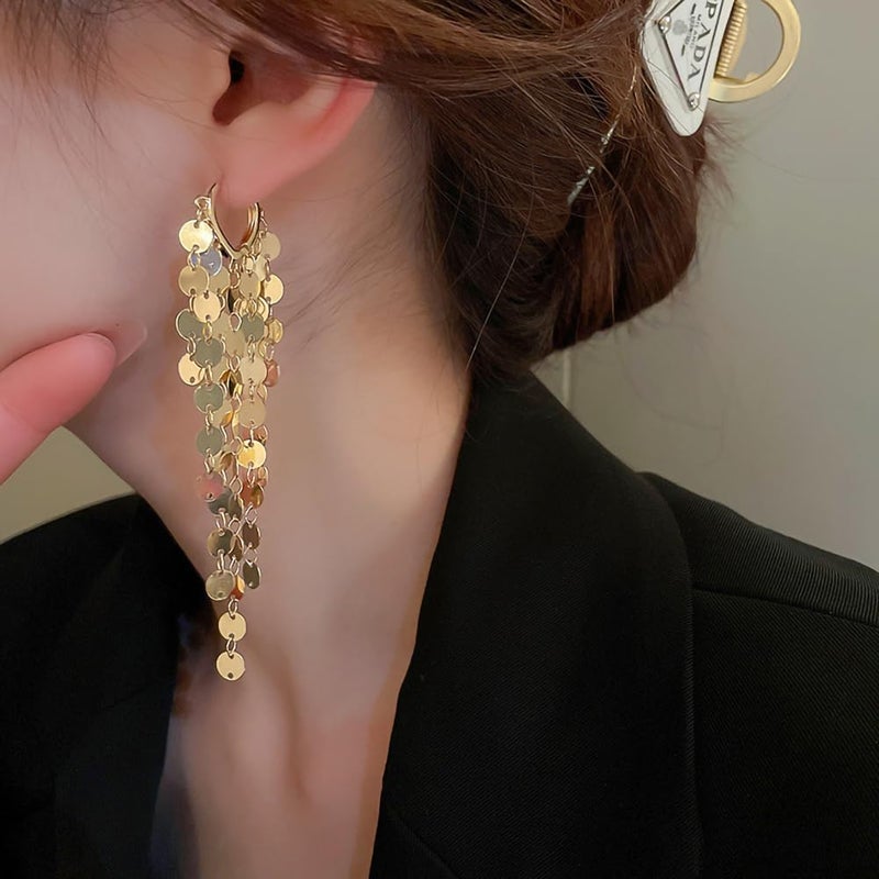 FUTIMELY Long Sequin Tassel Statement Dangle Earrings for Women Boho Multilayer Gold Chandelier Hoop Earrings Shiny Multiple Sequin Drop Earrings Jewelry Gift (Gold) - Image 2