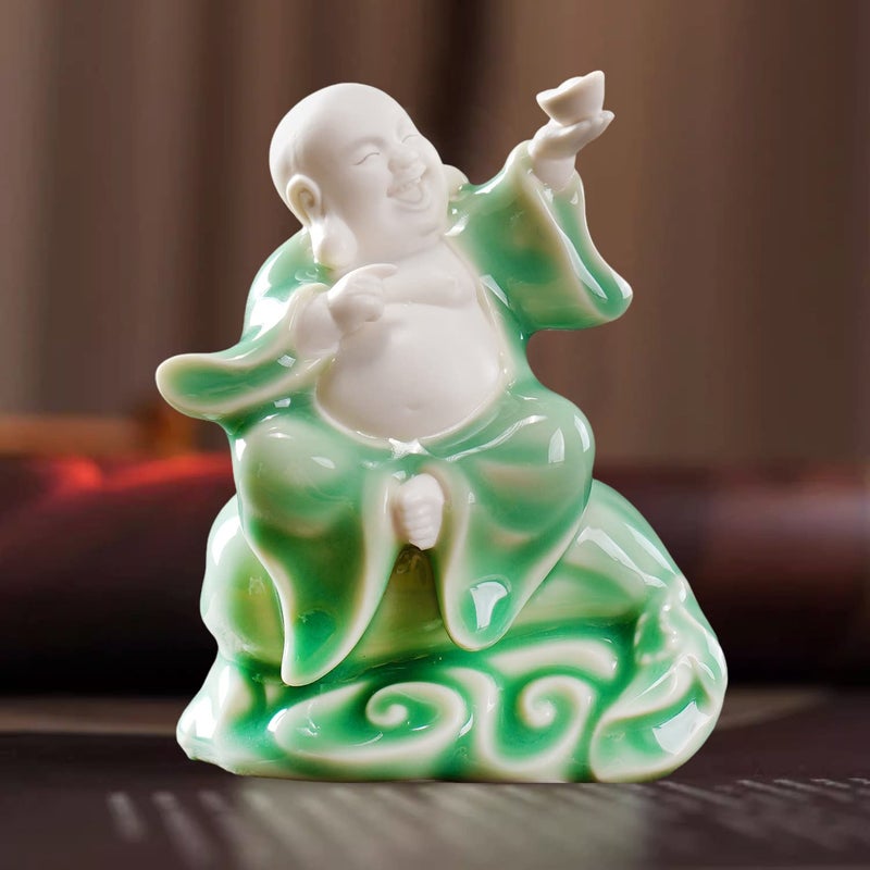 Houlu Small Green Fat Laughing Buddha Statue for Good Luck  Ceramic Happy Buddha Statue for Home D?cor - Image 1