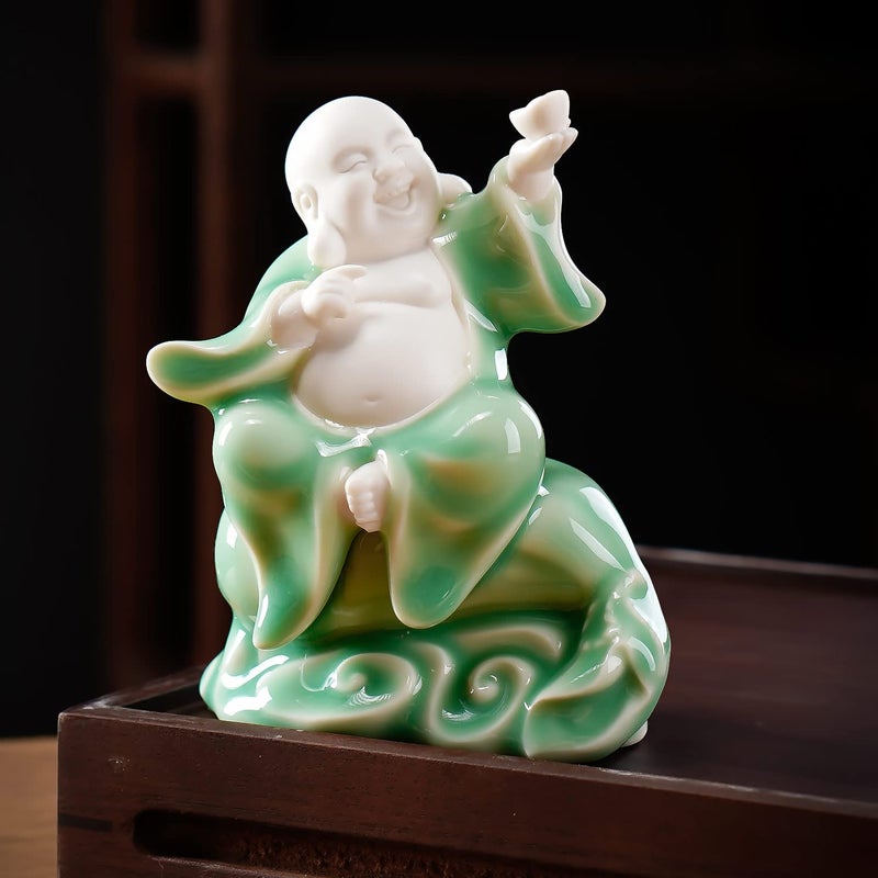 Houlu Small Green Fat Laughing Buddha Statue for Good Luck  Ceramic Happy Buddha Statue for Home D?cor - Image 5