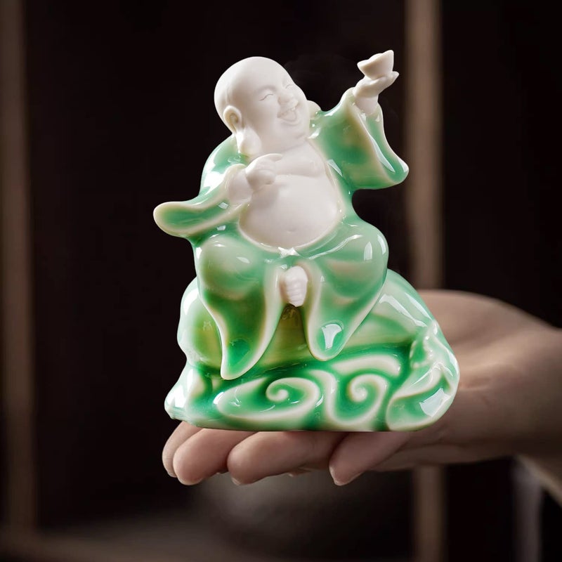 Houlu Small Green Fat Laughing Buddha Statue for Good Luck  Ceramic Happy Buddha Statue for Home D?cor - Image 2