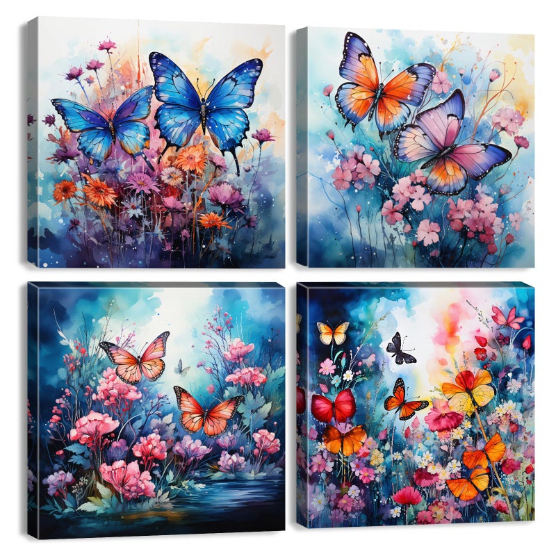 AIYISU Butterfly Wall Art Wildflower Pictures for Living Room Decor Abstract Colorful Butterfly Wall Decor Nature Floral Canvas Prints Paintings Botanical Artwork for Bedroom Home Decorations 12x12"" 4Pcs - Image 1