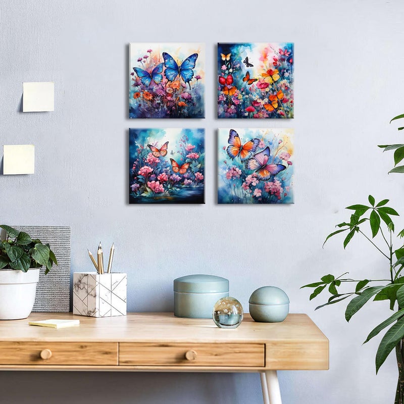 AIYISU Butterfly Wall Art Wildflower Pictures for Living Room Decor Abstract Colorful Butterfly Wall Decor Nature Floral Canvas Prints Paintings Botanical Artwork for Bedroom Home Decorations 12x12"" 4Pcs - Image 3